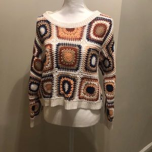 Cream/colorful quilted crochet sweater